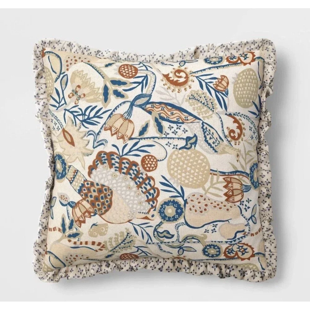 Square Bird in Nature Pillow Printed Reverse and Ruffle Trim neutral Threshold